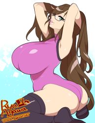 Rule 34 | 1girl, agawa ryou, arched back, armpits, arms up, artist name, ass, bad id, bad tumblr id, black thighhighs, breasts, brown hair, gigantic breasts, glasses, green eyes, huge breasts, leotard, lips, long hair, looking at viewer, parted lips, sitting, smile, solo, thighhighs, thighs, wariza, watermark, web address