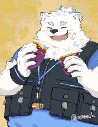 Rule 34 | 1boy, ^ ^, animal ears, bandaid, bara, belly, blue fur, closed eyes, dog boy, dog ears, eating, fat, fat man, food, food on face, furry, furry male, happy, highres, kuromaih, light blush, live a hero, male focus, multicolored hair, solo, streaked hair, sweet potato, thick eyebrows, upper body, white fur, yohack