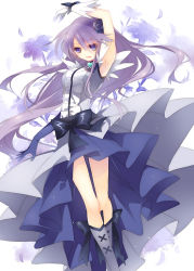 Rule 34 | 10s, 1girl, armpits, bad id, bad pixiv id, blue flower, blue rose, boots, bow, brooch, cure moonlight, dress, elbow gloves, flower, gloves, hair flower, hair ornament, heart, heart brooch, heartcatch precure!, knee boots, long hair, magical girl, outstretched arms, petals, precure, purple eyes, purple hair, rose, single elbow glove, single glove, solo, tsukikage yuri, waist bow, wrist cuffs, yamiko