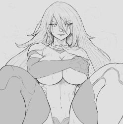 Rule 34 | 1girl, a2 (nier:automata), alternate breast size, blush, breasts, covering privates, covering breasts, female pubic hair, greyscale, hair between eyes, highres, large breasts, long hair, messy hair, mole, mole under mouth, monochrome, nier:automata, nier (series), pubic hair, stomach, thighhighs, wet, yoracrab