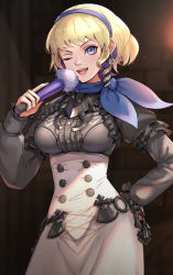 Rule 34 | 1girl, blonde hair, breasts, commentary request, constance von nuvelle, earrings, fire emblem, fire emblem: three houses, gonzarez, hairband, hand fan, hand on own hip, highres, holding, holding fan, indoors, jewelry, looking at viewer, medium breasts, multicolored hair, nintendo, one eye closed, purple hair, scarf, two-tone hair, upper body