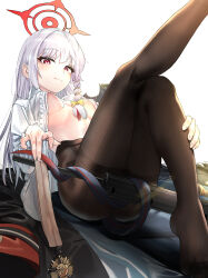 Rule 34 | 1girl, absurdres, black pantyhose, black tail, black wings, blue archive, braid, breasts, closed mouth, demon tail, demon wings, grey hair, gun, halo, haoma, haruna (blue archive), highres, kneepits, leg up, long hair, medium breasts, pantyhose, red eyes, red halo, side braid, simple background, single wing, solo, tail, weapon, white background, wings