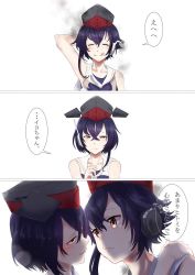 Rule 34 | 10s, 3koma, :q, arm behind head, asymmetrical hair, bad id, bad twitter id, black hair, blush, brown eyes, check translation, comic, commentary request, closed eyes, framed breasts, hair between eyes, half-closed eyes, hand on another&#039;s shoulder, hat, headphones, i-13 (kancolle), i-14 (kancolle), kantai collection, looking at viewer, multiple girls, sailor collar, school swimsuit, shaded face, short hair, siblings, simple background, sisters, smile, smoke, swimsuit, tachikoma (mousou teikoku), tongue, tongue out, translation request, upper body, white background