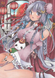 Rule 34 | 1girl, alternate costume, architecture, blush, braid, breasts, chinese clothes, crescent, crescent hair ornament, curtains, detached sleeves, east asian architecture, frilled sleeves, frilled socks, frills, from side, hair ornament, highres, holding, holding stuffed toy, indoors, large breasts, leaning back, long hair, looking at viewer, maccha xxxxxx, marker (medium), no headwear, open mouth, open window, own hands together, patchouli knowledge, pleated skirt, purple eyes, purple hair, quad braids, red curtains, red footwear, red skirt, red tassel, round window, side-tie skirt, sitting, skirt, socks, solo, steepled fingers, stuffed animal, stuffed panda, stuffed toy, tassel, touhou, traditional media, very long hair, wariza, white socks, wide sleeves, window