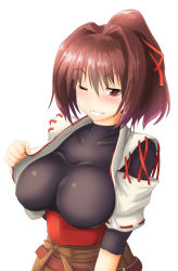 Rule 34 | 10s, 1girl, ;), blush, breasts, brown eyes, brown hair, grin, hair ribbon, ise (kancolle), japanese clothes, kantai collection, large breasts, looking at viewer, nokishita kumoemon, nontraditional miko, one eye closed, ponytail, red ribbon, ribbon, short hair, skin tight, smile, solo, undershirt, upper body, white background