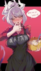 Rule 34 | 1girl, apron, black apron, black tail, blush, breasts, collared shirt, demon girl, demon horns, demon tail, english text, food, food on face, food on hand, helltaker, horns, kamaboko (ossann0125), large breasts, looking at viewer, lucifer (helltaker), medium hair, mole, mole under eye, red eyes, red shirt, shirt, simple background, solo, speech bubble, suggestive fluid, tail, tongue, tongue out, white hair, white horns