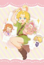 Rule 34 | 1boy, 3girls, animal ears, animal hood, blonde hair, blue eyes, boots, bouquet, brown footwear, chibi, chinese commentary, closed eyes, commentary request, flower, green headwear, green shorts, green tunic, hat, highres, holding, holding bouquet, hood, link, mask, mouth mask, multiple girls, multiple persona, nintendo, orange hair, pointy ears, princess zelda, rabbit ears, rabbit hood, sheik, shorts, signature, sparkle, striped, striped background, the legend of zelda, the legend of zelda: ocarina of time, tulip, turban, young link, young zelda, yun (dl2n5c7kbh8ihcx)