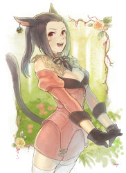 Rule 34 | 10s, 1girl, animal ears, bare shoulders, breasts, brown hair, cat ears, cat girl, cat tail, cleavage, detached collar, earrings, facial mark, final fantasy, final fantasy xiv, flower, forehead, forest, gloves, interlocked fingers, jewelry, miniskirt, miqo&#039;te, mole, mole under eye, moryo, nature, open mouth, outside border, red eyes, rose, skirt, smile, solo, tail, thighhighs, warrior of light (ff14), white thighhighs