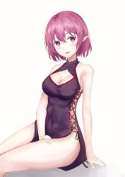 Rule 34 | 1girl, absurdres, bare arms, bare shoulders, black dress, breasts, china dress, chinese clothes, cleavage, cleavage cutout, clothing cutout, covered navel, dress, highres, looking at viewer, lucid (maplestory), maplestory, medium breasts, muyang, open mouth, pelvic curtain, pointy ears, purple hair, red eyes, short hair, sideless outfit, sidelocks, simple background, sitting, sleeveless, sleeveless dress, smile, solo, thighs, white background