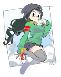 Rule 34 | 10s, 1girl, alternate costume, asui tsuyu, beanie, bearthemighty, black eyes, black hair, boku no hero academia, breasts, cardigan, casual, cloud, female focus, finger to mouth, frog girl, full body, green hair, hair rings, hat, highres, long hair, long sleeves, looking at viewer, medium breasts, pleated skirt, shoes, skirt, sneakers, solo, sweater, thighhighs, thighs, very long hair, zettai ryouiki