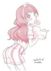 Rule 34 | 1girl, 2015, artist name, ass, bare shoulders, blush, character request, cowboy shot, dated, doughnut, food, kanya pyi, leaning forward, long hair, looking back, monochrome, mouth hold, shorts, simple background, solo, standing, striped clothes, striped shorts, vertical-striped clothes, vertical-striped shorts, white background