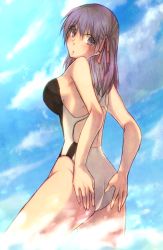 Rule 34 | 1girl, ass, bad id, bad pixiv id, competition swimsuit, fate/stay night, fate (series), from behind, long hair, looking back, matou sakura, matsunaga (haku), one-piece swimsuit, purple eyes, purple hair, solo, swimsuit
