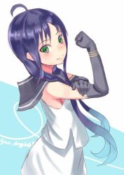 Rule 34 | 1girl, ahoge, black gloves, blue hair, bras d&#039;honneur, doonatsu., elbow gloves, gloves, gradient hair, green eyes, hand on own arm, kantai collection, long hair, looking at viewer, low twintails, multicolored hair, one-hour drawing challenge, school uniform, serafuku, skirt, sleeveless, smile, solo, suzukaze (kancolle), twintails, twitter username, we can do it!, white skirt