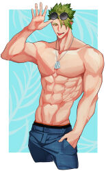 Rule 34 | 1boy, abs, absurdres, achilles (fate), blue pants, border, bright pupils, brown eyes, collarbone, cropped legs, dog tags, eyewear on head, fate (series), green hair, haruakira, highres, large pectorals, looking at viewer, male focus, male underwear, mature male, muscular, muscular male, pants, pectorals, round eyewear, short hair, solo, teeth, tinted eyewear, tongue, tongue out, topless male, undercut, underwear, upper teeth only, veins, veiny arms, white border, white pupils