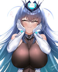 Rule 34 | 1girl, :3, absurdres, azur lane, bare shoulders, blue hair, blush, bodystocking, bodysuit, breasts, cheek squash, cleavage, closed eyes, closed mouth, commission, elbow gloves, english text, gloves, hair between eyes, hair intakes, hands on own cheeks, hands on own face, headgear, heart, highres, impossible bodystocking, impossible bodysuit, impossible clothes, irkawaza, large breasts, long hair, new jersey (azur lane), see-through, see-through cleavage, simple background, solo, thank you, upper body, very long hair, white background, white gloves