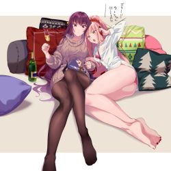 Rule 34 | 2girls, alternate costume, aran sweater, barefoot, beige sweater, black pantyhose, bottle, bra, cable knit, cellphone, champagne flute, character doll, closed mouth, contemporary, cu chulainn (fate), cu chulainn (fate) (all), cu chulainn (fate/stay night), cu chulainn alter (fate/grand order), cup, dot nose, dress, dress shirt, drinking glass, fate/grand order, fate (series), full body, holding, holding cup, holding phone, lancer, legs, long hair, long sleeves, looking at object, medb (fate), multiple girls, nail polish, no pants, open mouth, panties, pantyhose, partially unbuttoned, phone, pillow, pink hair, pink panties, ponytail, purple hair, reclining, red bra, red eyes, red nails, scathach (fate), shirt, sitting, sweater, sweater dress, toenail polish, toenails, translated, tree print, turtleneck, turtleneck dress, turtleneck sweater, underwear, very long hair, white shirt, wine bottle, yasutada43, yellow eyes