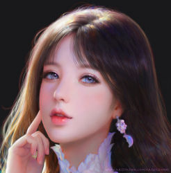 Rule 34 | 1girl, blue eyes, brown hair, close-up, crescent, earrings, fingernails, hand on own face, jewelry, lips, looking at viewer, nose, original, parted bangs, parted lips, portrait, realistic, ruoxin zhang, solo, watermark, web address