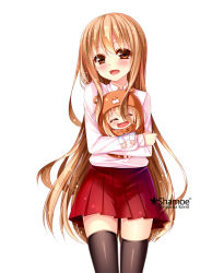 Rule 34 | 10s, 1girl, black thighhighs, brown eyes, brown hair, doma umaru, dual persona, grandia bing, himouto! umaru-chan, komaru (himouto! umaru-chan), long hair, mini person, minigirl, open mouth, pleated skirt, red skirt, simple background, skirt, solo, standing, thighhighs, third-party source, very long hair, white background, zettai ryouiki
