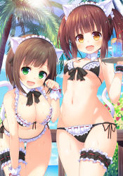 Rule 34 | 10s, 2girls, :d, alternate costume, animal ears, asa no ha (awayuki), bare shoulders, bikini, black bikini, blonde hair, blush, breasts, bridal garter, brown hair, cat ears, cat tail, cleavage, coconut tree, commentary request, cowboy shot, cup, day, drinking glass, enmaided, fake animal ears, fake tail, frilled bikini, frills, green eyes, groin, highres, idolmaster, idolmaster cinderella girls, leaning forward, looking at viewer, maekawa miku, maid, maid bikini, maid headdress, medium breasts, multiple girls, navel, ocean, ogata chieri, open mouth, palm tree, paw pose, plant, small breasts, smile, stomach, sunlight, swimsuit, tail, thigh gap, thigh strap, thighs, tree, twintails, unconventional maid, wide hips, wrist cuffs