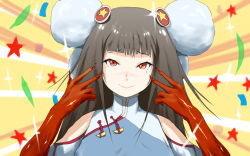 Rule 34 | 1girl, blue dress, blunt bangs, brown hair, china dress, chinese clothes, commentary, communist youth league of china, confetti, detached sleeves, double v, dress, elbow gloves, emotional engine - full drive, fate/grand order, fate (series), gloves, hair ornament, highres, jiang shanjiao, kkkun, long hair, looking at viewer, mole, mole under eye, red eyes, red gloves, red star, sidelocks, smile, solo, sparkle, star (symbol), sunburst, sunburst background, v, virtual youtuber, yellow background