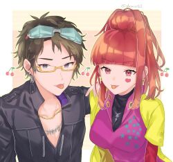 Rule 34 | 1boy, 1girl, black hair, blunt bangs, deceive0321, earrings, glasses, gnosia, goggles, green hair, heart, heart earrings, heart tattoo, high ponytail, jacket, jewelry, long hair, long sleeves, looking at viewer, male focus, nail polish, necklace, red hair, sha-ming, shirt, short hair, smile, sq (gnosia), tattoo, upper body