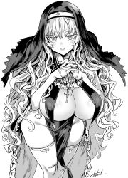 Rule 34 | + +, 1girl, asanagi, breast curtains, breasts, cleavage, cross, curly hair, female focus, greyscale, habit, highres, large breasts, long hair, looking at viewer, monochrome, no bra, no panties, nun, original, simple background, skindentation, smile, solo, solo focus, thighhighs, white background, white thighhighs
