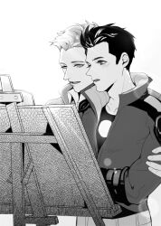 Rule 34 | 2boys, animification, arc reactor, avengers (series), avengers academy, blush, collared shirt, commentary, easel, english commentary, fingernails, greyscale, hand up, highres, jacket, long sleeves, looking at object, male focus, marvel, monochrome, multiple boys, open clothes, open jacket, open mouth, shirt, short hair, simple background, smile, standing, steve rogers, t-shirt, teeth, tongue, tony stark, ultimatesue