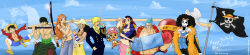 Rule 34 | absurdres, anniversary, brook (one piece), cloud, flag, franky (one piece), gkenzo, hat, highres, holding, holding flag, incredibly absurdres, jolly roger, laboon, long image, monkey d. luffy, nami (one piece), nico robin, one-eyed, one piece, pirate, roronoa zoro, sanji (one piece), shanks (one piece), straw hat, sword, tony tony chopper, trafalgar law, usopp, weapon, wide image