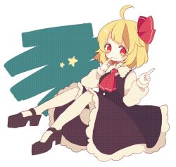 Rule 34 | 1girl, :3, ahoge, ascot, bad id, bad pixiv id, black footwear, blonde hair, bow, daizu (melon-lemon), dress, finger to mouth, hair bow, highres, long sleeves, mary janes, pantyhose, pointing, red eyes, rumia, shoes, simple background, sitting, solo, touhou, white pantyhose