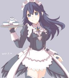 Rule 34 | 1girl, blue eyes, blue hair, blush, cup, dated, fire emblem, fire emblem awakening, frills, holding, holding tray, juliet sleeves, long hair, long sleeves, looking at viewer, lucina (fire emblem), maid, maid headdress, nintendo, puffy sleeves, solo, teacup, teapot, thighs, tray, yaseisbtn