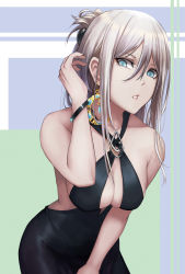 Rule 34 | :o, absurdres, an-94 (girls&#039; frontline), an-94 (silent rouge) (girls&#039; frontline), aqua eyes, bad id, bad pixiv id, bare shoulders, black dress, bracelet, breasts, cleavage, clothing cutout, cocktail dress, commentary request, dress, earrings, expressionless, eyelashes, girls&#039; frontline, gold earrings, green background, hair ornament, hand on own leg, hand up, head tilt, highres, jewelry, kibellin, korean commentary, large breasts, leaning forward, long hair, looking at viewer, makeup, mascara, midriff, midriff peek, multicolored background, multicolored hair, official alternate costume, open mouth, purple background, sidelocks, stomach cutout, two-tone hair, white background, white hair