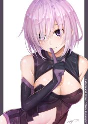 Rule 34 | 1girl, absurdres, artist name, black gloves, black leotard, blush, breasts, character name, closed mouth, clothing cutout, commentary, contrapposto, copyright name, elbow gloves, fate/grand order, fate (series), female focus, finger to mouth, gloves, hair over one eye, highres, index finger raised, large breasts, leotard, light purple hair, looking at viewer, mash kyrielight, navel cutout, purple eyes, purple gloves, short hair, shushing, shuutou haruka, signature, smile, solo, standing, type-moon, upper body