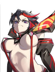 Rule 34 | 1girl, absurdres, arched back, black hair, black sleeves, blue eyes, breasts, detached sleeves, frown, grey background, highres, imperator-shiro, kill la kill, large breasts, matoi ryuuko, multicolored hair, red hair, red sleeves, revealing clothes, senketsu, short hair, simple background, solo, streaked hair, two-tone hair, upper body