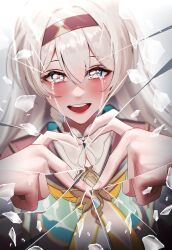 Rule 34 | 1girl, :d, absurdres, anoreika tomoe, black hairband, blush, commentary, crying, crying with eyes open, firefly (honkai: star rail), hairband, heart, heart hands, highres, honkai: star rail, honkai (series), long hair, looking at viewer, neckerchief, open mouth, purple eyes, smile, solo, tears, upper body, very long hair, white hair, yellow neckerchief