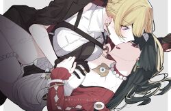 2girls alt_text astra_yao black_gloves black_hair black_jacket blonde_hair breasts cleavage closed_mouth collared_shirt commentary dress earrings english_commentary evelyn_chevalier gloves grabbing_another&#039;s_breast grey_background groping guided_breast_grab guiding_hand hairband jacket jacket_on_shoulders jewelry jouhou large_breasts long_hair looking_at_another mixed-language_commentary mole mole_under_eye multiple_girls necklace_pull open_mouth purple_eyes red_eyes shirt simple_background sleeveless sleeveless_shirt thigh_strap translation_request white_dress white_hairband white_shirt yuri zenless_zone_zero