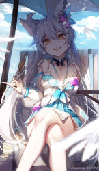 Rule 34 | 1girl, absurdres, ahoge, ai xiao meng, animal ear fluff, animal ears, artist name, bare shoulders, beach umbrella, blue sky, breasts, cat ears, choker, crossed legs, cup, dark persona, dated, day, dress, hair between eyes, hair ornament, highres, holding, holding cup, honkai (series), honkai impact 3rd, kiana kaslana, kiana kaslana (herrscher of the void), light particles, long hair, looking at viewer, medium breasts, outdoors, parted lips, pinky out, sidelocks, silver hair, sitting, sky, solo, symbol-shaped pupils, umbrella, very long hair, yellow eyes