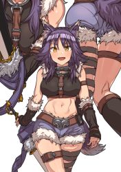 Rule 34 | 1girl, animal ear fluff, animal ears, arm strap, ass, bare shoulders, belt, black shirt, blue shorts, blush, breasts, chain, collar, crop top, denim, denim shorts, detached sleeves, erere, fur-trimmed shorts, fur trim, long hair, looking at viewer, makoto (princess connect!), metal collar, midriff, multiple views, navel, open mouth, princess connect!, purple hair, shirt, short hair, shorts, sidelocks, simple background, smile, sword, tail, thigh strap, thighs, weapon, white background, wolf ears, wolf girl, wolf tail, yellow eyes
