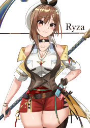 Rule 34 | 1girl, absurdres, atelier (series), atelier ryza, atelier ryza 3, bare shoulders, belt, blush, braid, breast pocket, breasts, brown belt, brown gloves, brown hair, brown thighhighs, brown vest, character name, choker, cleavage, clover hair ornament, collarbone, collared shirt, crown braid, dangle earrings, earrings, gloves, hair ornament, hand on own hip, highres, holding, holding staff, jewelry, key, key necklace, large breasts, leather belt, multiple bracelets, necklace, pocket, red shorts, reisalin stout, s redbutterfly, shirt, short shorts, shorts, single glove, sleeveless, sleeveless jacket, solo, staff, star (symbol), star choker, star earrings, star necklace, thighhighs, vest, white headwear, x hair ornament, yellow eyes