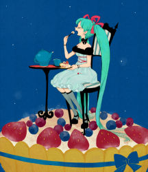 Rule 34 | 1girl, aqua hair, bad id, bad pixiv id, bare shoulders, berry, blueberry, bow, bracelet, chair, choker, cup, detached sleeves, dress, eating, closed eyes, food, fruit, hatsune miku, high heels, in food, jewelry, l hakase, long hair, open mouth, oversized object, raspberry, shoes, sitting, solo, strawberry, sweets, table, tart (food), teacup, teapot, thighhighs, twintails, very long hair, vocaloid, zettai ryouiki