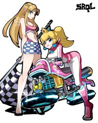 Rule 34 | 2girls, alternate costume, artist name, bare legs, bare shoulders, biker clothes, biker peach, bikesuit, blonde hair, blue eyes, bodysuit, boots, breasts, checkered clothes, checkered flag, checkered skirt, circlet, cleavage, closed mouth, commentary request, contemporary, crop top, crossover, crown, earrings, flag, floating, full body, highres, holding, holding flag, jewelry, knee boots, korean commentary, leaning forward, legs, long hair, mario (series), mario kart, mario kart 8, mario kart wii, medium breasts, miniskirt, multiple girls, navel, nintendo, parted bangs, pink footwear, pointy ears, ponytail, princess peach, princess zelda, race queen, sbql (niaunclefan), simple background, skirt, sleeveless, smile, sparkle, sphere earrings, standing, stomach, straight hair, the legend of zelda, the legend of zelda: a link between worlds, the legend of zelda: a link to the past, triforce, two tone bodysuit, white background