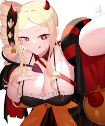 Rule 34 | 1girl, absurdres, aged up, alternate breast size, alternate costume, alternate eye color, alternate hairstyle, armpits, beatrice (re:zero), beckoning, blonde hair, bow, breasts, butterfly-shaped pupils, cleavage, commission, demon girl, demon horns, demon tail, demon wings, drill hair, hand on own chest, highres, horns, izulizuru, large breasts, leaning forward, licking lips, long hair, looking at viewer, outstretched arm, re:zero kara hajimeru isekai seikatsu, red eyes, second-party source, sidelocks, solo, symbol-shaped pupils, tail, tongue, tongue out, wings