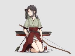 Rule 34 | 10s, 1girl, arrow (projectile), black eyes, black hair, blush, bow (weapon), braid, dated, full body, glasses, grey background, japanese clothes, kantai collection, kawashina (momen silicon), kneeling, looking away, shinano (kancolle), solo, weapon