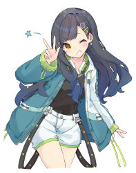 Rule 34 | 1girl, absurdres, black hair, black shirt, blue jacket, blush, brown eyes, commentary request, grin, hair ornament, hairclip, hand up, headphones, headphones around neck, highres, jacket, long hair, mola mola, one eye closed, open clothes, open jacket, project sekai, shiraishi an, shirt, short shorts, shorts, simple background, smile, solo, star (symbol), star hair ornament, very long hair, w, white background, white shorts