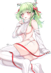 Rule 34 | 1girl, absurdres, areola slip, ass, bare shoulders, blush, breasts, ceres fauna, commentary, detached sleeves, green eyes, green hair, highres, hololive, hololive english, large breasts, looking at viewer, meme attire, mole, mole under eye, open mouth, psypolo d, red ribbon, ribbed sweater, ribbed thighhighs, ribbon, seiza, sideboob, simple background, sitting, sleeves past wrists, solo, sweater, thick thighs, thighhighs, thighs, twisted torso, virgin destroyer sweater, virtual youtuber, white background, white sweater, white thighhighs
