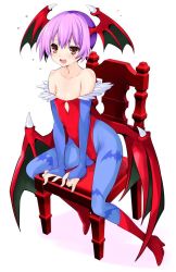 Rule 34 | 1girl, animal, animal print, bare shoulders, bat (animal), bat print, blush, body blush, breasts, bridal gauntlets, chair, commentary request, demon girl, head wings, high heels, iwashi dorobou -r-, leotard, lilith aensland, looking at viewer, low wings, pantyhose, print pantyhose, purple eyes, purple hair, red footwear, red leotard, short hair, simple background, sitting, small breasts, smile, solo, vampire (game), white background, wings
