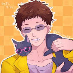 Rule 34 | 1boy, alternate costume, black cat, brown hair, cat, chiimako, chipie (gnosia), closed mouth, glasses, gnosia, grin, looking at viewer, short hair, simple background, smile, upper body