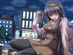 Rule 34 | 1girl, akishima kanako, alcohol, arm support, beer, blush, breasts, brown hair, can, chocolat maid cafe curio, closed eyes, game cg, hairband, large breasts, long hair, nekonyan, open mouth, pantyhose, solo