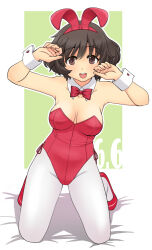 Rule 34 | 1girl, akiyama yukari, animal ears, blush, bow, bowtie, breasts, brown eyes, brown hair, cleavage, fake animal ears, girls und panzer, large breasts, leotard, looking at viewer, open mouth, pantyhose, playboy bunny, rabbit ears, red bow, red bowtie, red leotard, short hair, smile, solo, uona telepin, white pantyhose