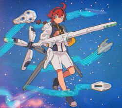 Rule 34 | 1girl, aqua eyes, asticassia school uniform, beam cannon, bit (gundam), black hairband, commentary, dou (mame eee), energy cannon, exhaust, full body, gundam, gundam calibarn, gundam suisei no majo, hairband, highres, holding, holding cannon, holding weapon, long hair, looking at viewer, low-tied long hair, low ponytail, red hair, school uniform, solo, suletta mercury, thrusters, weapon