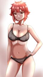 Rule 34 | 1girl, aizawa tomo, arm at side, black bra, black panties, bra, breasts, cleavage, closed mouth, collarbone, commentary, contrapposto, cowboy shot, english commentary, frown, gomi ningen (81848656), groin, hand on own hip, highres, large breasts, looking at viewer, navel, panties, red eyes, red hair, short hair, simple background, solo, standing, tomo-chan wa onna no ko, underwear, underwear only, white background